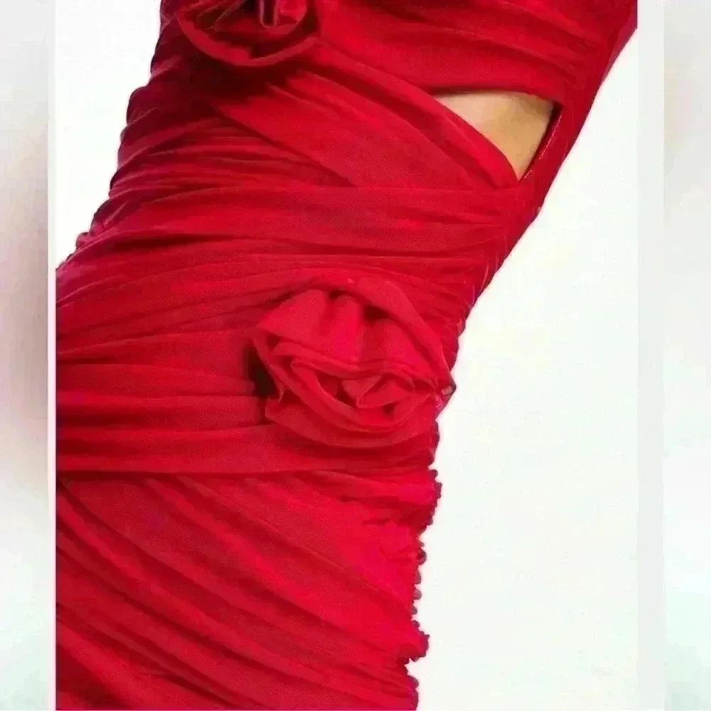 BARDOT Red Pippa Mesh Rose Mini Dress with Long Sleeve - Picture 4 of 6